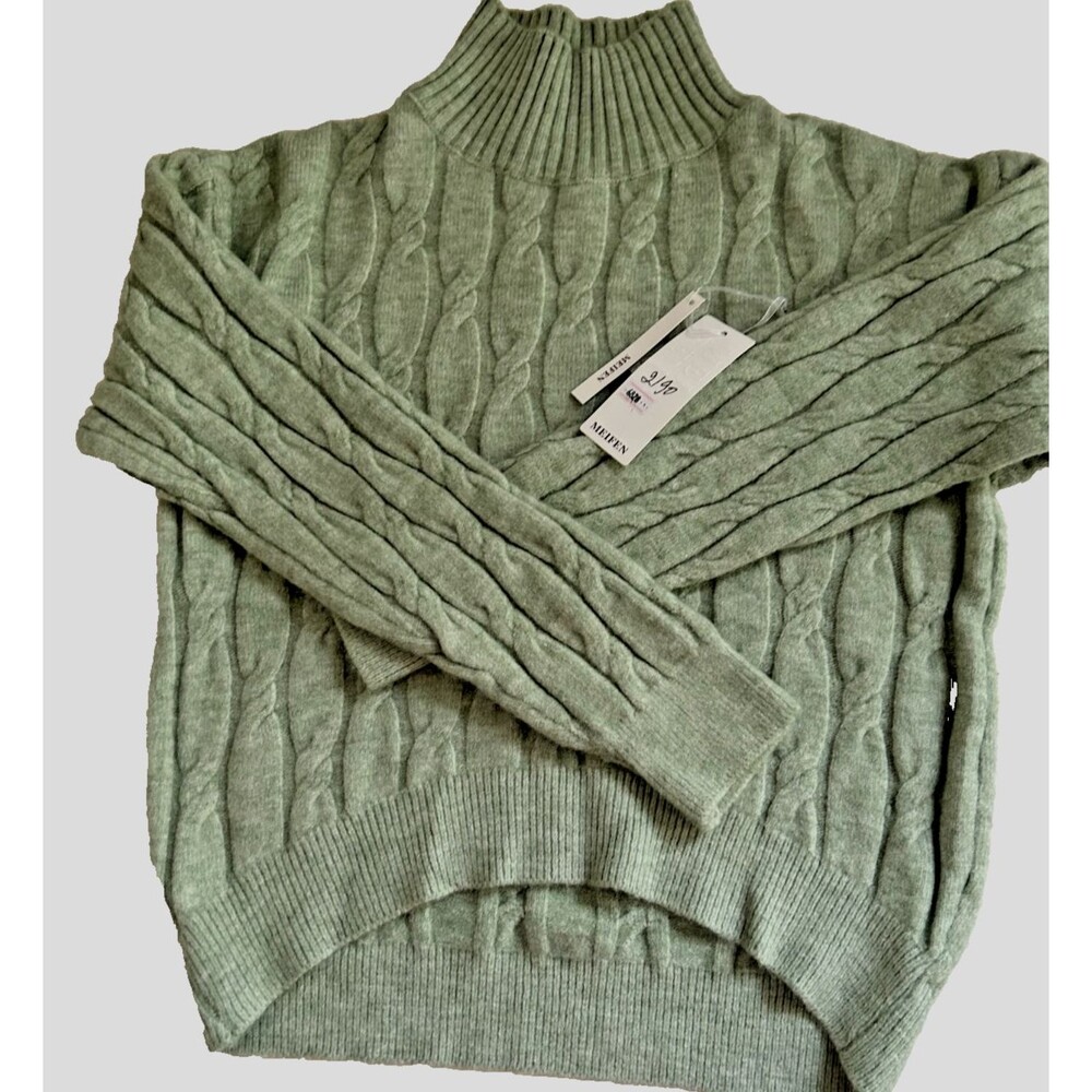 Women S / M Olive Green Mock Neck Cable Knit Sweater Cashmere Blend Pullover
